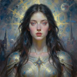 portrait oil painting, perfect expression, subconscious connects, purified consciousness, beautiful neo gothic female, olive skin, hypnotic eyes, long dark hair, etheric armor, valerian city thousand planets, artifacts, luminous skies, ruan jia, mandy jurgens, william - adolphe bouguerea, michael cheval, jessica rossier, oil painting, highly detailed, cinematic lighting, unreal, natural tpose
