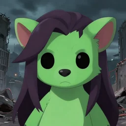 face portrait of a anthro green zombie opossum fursona with long dark hair. Ruined stormy city. Glorious sun beams, intricate, elegant, highly detailed, digital painting, short focus, illustration, Allan Lee, John Howe