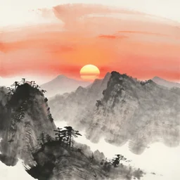 sunset in the mountains, chinese ink brush, yukio - e, kilian eng, victo ngai, josan gonzalez