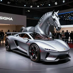 space horse concept car on a Frankfurt Motor show in the future, sci-fi, fantasy, Sigma 35mm f/2.8 DG DN Art