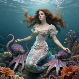 hyperrealistic photograph of a mermaid with a light velvet dress, underwater, a stunning beautiful georgia-era dress with brown long hair, abundant detail, octopusses and flower hyperrealistic character photography art by Annie Liebowitz, art by artgerm and greg rutkowski and alphonse mucha, rembrandtArtStation, concept art, octane render, trending on artstation, artstationHD, artstationHQ, unreal engine, 4k, 8k,