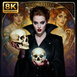 hyperrealistic portrait of amber heard as a vampire witch in a black coat holding a human skull as a crystal ball. by jeremy mann and alphonse mucha, fantasy art, photo realistic, dynamic lighting, artstation, poster, volumetric lighting, very detailed faces, 4 k, award winning