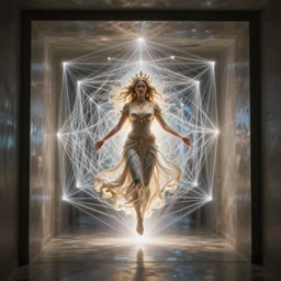 divine feminine goddess descending down a hallway of light inside a fractal hypercube