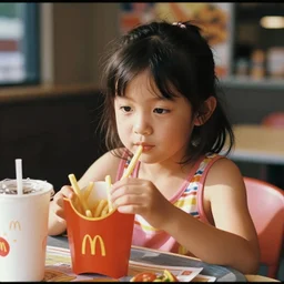 Home video footage, A girl playing in McDonald's, summer. Color VHS picture quality with mixed noise, Filmed by dad.