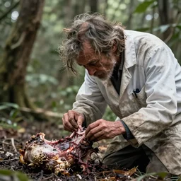 A feral and dishevelled doctor in his natural habitat feeding on a rotten carcass. He is in his forties and wearing a white dirty worn out doctor\'s coat. 4K, National Geographic photograph