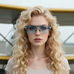 vertical photo of polish female in primitive airplane, blonde, curly hair, symmetrical beautiful face, cyberpunk glasses, cyberpunk decorations and jewelry, native costume, standing in the primitive tent, fashion editorial photography, hyperrealistic, from vogue magazine, reflections, refraction, gold, teal, orange