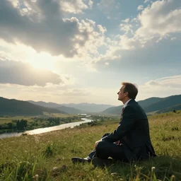 a beautiful cinematic landscape view looking at an open field, andy richter wearing a suit and necktie sits in the field looking at the sky, mountains in the distance with a river running down, the sun shines through the parted clouds, high end camera, award winning
