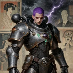 portrait of gothic and futuristic young mainem, warhammer, cyber armor, a lot of scars, thunderstorm, purple head, heart eyes, some green, the middle ages, highly detailed, artstation, in the style of moebius, jugendstil and classic japanese print, art by rene magritte, jean delville