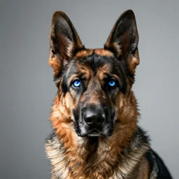 a raytraced german shepherd with piercing blue eyes