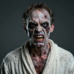 bill murray as angry zombie portrait, horror core, apocalyptic, bathrobe, pale skin, wounds, one eye hanging out, snarling, dramatic, sharp focus, fiction, hyper detailed, digital art, trending in artstation, cinematic lighting, studio quality, smooth render, unreal engine 5 rendered, octane rendered, art style and nixeu and wlop and krenz cushart