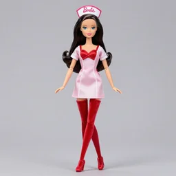 anime barbie doll, in red velvet stockings, red bra, a nurse's dress, full length, heels on her feet