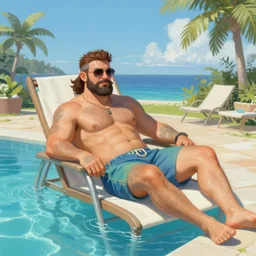 a cg painting of masterchief enjoying a relaxing summers day by the pool