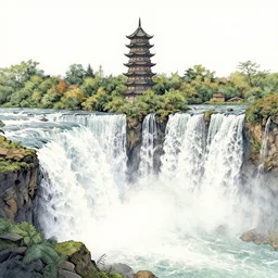 landscape drawing of a tower above a wide waterfall, watercolor, intricate linework, stunning artwork, highly detailed, trending on artstation,