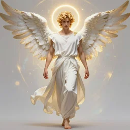 full figure beautiful young fit male angel with curly blond hairs, dressed with fluent clothes, no feet, majestic wings, luminous halo, by greg rutkowski and alphonse mucha, d & d character, gradient white to gold, in front of an iridescent background, highly detailed portrait, digital painting, artstation, concept art, smooth, sharp focus illustration, artstation hq