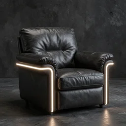 a brutalism leather armchair with led light strips, dark concrete room, intricate details, octane render