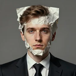 portrait of a man with a crumpled paper head and formal suit, headshot, digital illustration, matte painting, hyperrealistic, photoreal, symmetry, highly detailed, sharp focus, 8 k, hd, intricate, by beksinski, rutkowski