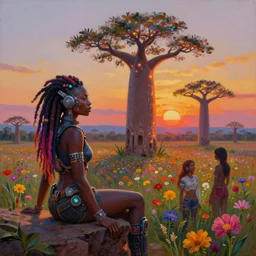 an exotic african cyberpunk woman with colorful dreadlocks sitting on a cliff overlooking a field of colorful flowers with a giant glowing baobab tree in the middle, it is sunset, by greg rutkowski and android jones and Alena Aenami in a surreal cyberpunk! style, oil on canvas, highly detailed face, 8k hd,
