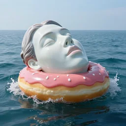 a massive porcelain sculpture of a squashed human face resting on a jelly donut that floats on the ocean water, cinematic, hyper - realistic, very detailed, realistic water splashes, ray tracing, 8 k resolution, long - shot, sharp focus, low angle, 8 5 mm photograph, wide lens
