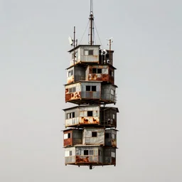 a suspended tower made up of makeshift squatter shacks with rusted metal facades, covered by antennas, mamiya, f 1 1, fully frontal view, uniform plain sky, photographed by salvador dali