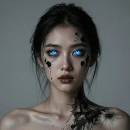 matte portrait of a young woman with glowing blue eyes, covered in black splattered ink, by antony micallef