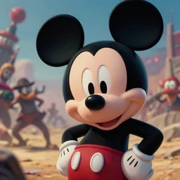 close up cinematic artwork of mickey mouse staring down the enemy on the battlefield by Greg Rutkowski, 4k, masterpiece