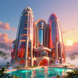 highly detailed futuristic architecture by frank lloyd wright and antoni gaudi, reflective lighting, holographic spheres, ground - level view, puddles of turquoise water, foggy atmosphere, stunning sunny lighting, sunrise, vivid colors, in the style of pixar animation, trending on artstation, 8 k, matte painting, ray tracing, hyper detailed, unreal engine 5, cinematic, epic lighting, cryengine, octane render, cyberpunk, red and orange glow, vibrant