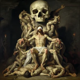 underground!! jesus christ looking up wearing blindfold!!!!! sitting on a huge!!!! throne of entwined bodies,'massive skull looming '!!!! elegant, ominous, highly detailed painting by goya!!! phil hale!! gaston bussiere, craig mullins, j. c. leyendecker, 8 k, mid shot