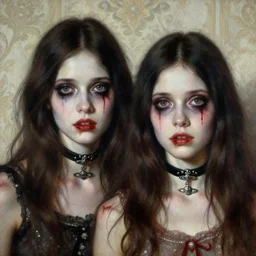 a beautiful and eerie baroque painting of two beautiful but creepy siblings wearing vivienne westwood chokers in layers of fear, with haunted eyes and dark hair, 1 9 7 0 s, seventies, wallpaper, a little blood, morning light showing injuries, delicate embellishments, painterly, offset printing technique, by brom, robert henri, walter popp