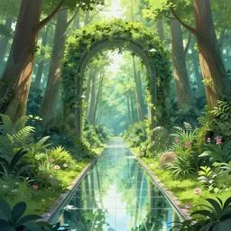 mirror portal garden. the dimensional gateway leads to a otherworldly forest, pixiv fanbox, sunlight, maximalist summer color palette, splatter paint, pixar and disney concept, graphic novel by fiona staples and dustin nguyen, peter elson alan bean wangechi mutu, clean cel shaded vector art, on artstation