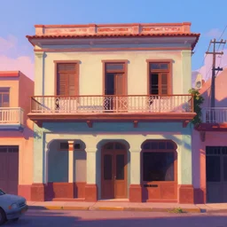 beautiful painting of a cuban houses and storefront, front view, animation, graphic shapes, trending in artstation, dawn cinematic light, art style by disney, pixar