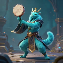 cyan spirit axie pet dances holding shaman tambourine like shaman, fantasy, style artstation, style greg rutkowski, octane render, unreal engine 6, epic game graphics, fantasy, ciberpunk, conceptual art, ray tracing