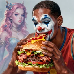 portrait photography of Kevin Durant in clown makeup eating a giant hamburger, extra ketchup and mustard with overflowing bacon lettuce and tomato, cinematic lighting, highly detailed, feminine ethereal, D&D, hearthstone, digital painting, artstation, concept art, smooth, sharp focus, illustration, art by Terry Moore and Greg Rutkowski and Alphonse Mucha