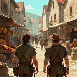 close behind the back of two fantasy adventurers, busy market street, medieval city, very crowded, spice shop, royo, greg rutkowski, digital art, cinematic, teal orange color palette