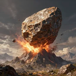 meteorite smashing into a mountain, fantasy apocalypse, digital art, 4 k, mmo