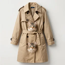 a trenchcoat with three cat heads coming out from the top, the middle and the bottom