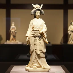 Ivory statue of a beautiful japanese female samurai geisha, exhibition stand, award-winning photo