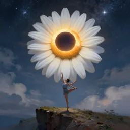giant white daisy flower on face, girl dancing on cliff, surreal photography, solar eclipse, milky way, dramatic light, impressionist painting, clouds, digital painting, artstation, james gilleard, liam wong, jeremy mann, simon stalenhag