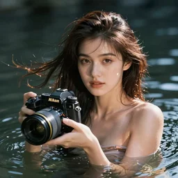 a portrait of a beautiful woman in the water, hair flowing, Nikon 50mm camera, documentary lighting