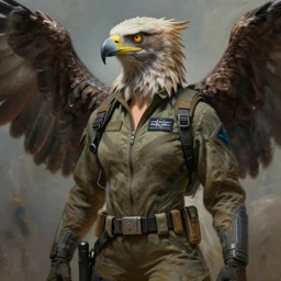 epic professional digital art of female human - eagle hybrid animal wearing air force jumpsuit, humanoid feathered head, eagle beak, painting, by lisa roet, artgerm, todd mcfarlane, leesha hannigan, artstation, cgsocietywlop, epic, much wow, much detail, gorgeous, detailed, cinematic, masterpiece