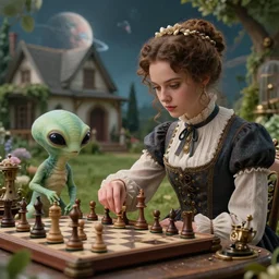 detailed, sharp, a girl playing chess with her cute pet humanoid alien, wearing 1850s era clothes, in the garden of a house on an alien planet, steampunk, extremely highly detailed, hyperrealistic, highly detailed faces, 70 mm still from a period sci fi movie, 4k, HD