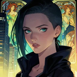 cyberpunk woman in a city, high detail, curious eyes, crisp shading, in the style of greg rutkowski and alphonse mucha and andree wallin and artgerm, artstation, half body portrait