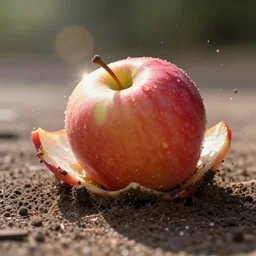 stunning slow motion capture of an apple smashing ground from a free fall. high detail textures with a light flare on a sigma 3 5 mm f 1 2