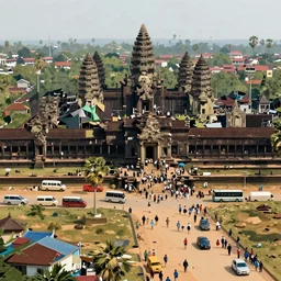 angkor wat in the middle of a busy town, big crowd, many vehicles, many buildings, concept art, digital painting by shaddy safadi
