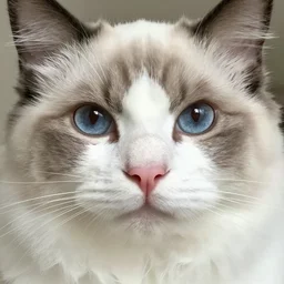 cat closeup of nose, white ragdoll with grey colouring and a white blaze down across the nose