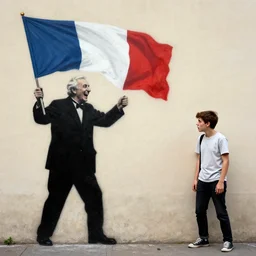 painted on a wall, a old men holding a french flag and laughing at a teenager looking scared, artwork by bansky