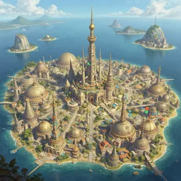 Tholos, sprawling ocean city with islands along a great bay, short, buildings made of wide domes interspersed with tall spires and decorated with colorful banners, a fantasy digital painting by Greg Rutkowski and James Gurney, trending on Artstation, highly detailed