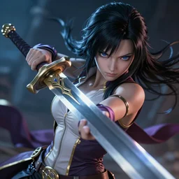 erza scarlet fighting with a sword, extreme detailed face and body, high quality, moody lighting, fast paced lines, sharp quality, enchanting, 8 k