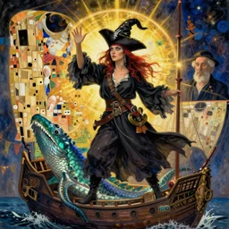 a pirate witch summoning a kraken aboard a ghost ship by gustav klimt and mark arian and harry ekman and gregory crewsdon