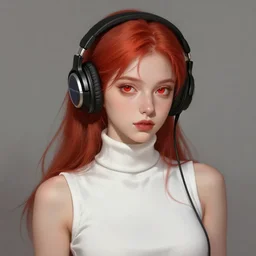 girl with red hair and red eyes wearing headphones, white sleeveless turtleneck. digital painting, by valerian city of a thousand planets, by ruan jin #, by mandy jurgens #, by artgerm #, william - adolphe bouguerea #