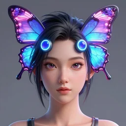 a 3 d model of an exotic beautiful woman with a neon butterfly head, fixed eyes, perfect eyes, perfect symmetrical lips, unreal engine, cinema 4 d, intricate details, 8 k, ultra realistic, super detailed, octane, ray tracing, artstation, beeple, 3 d model, style of uncharted, final fantasy, pixar, kideight